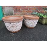 A PAIR OF STONE / BRICK EFFECT GARDEN POTS DIA. 30 CM