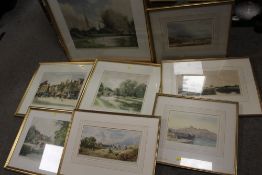 A COLLECTION OF EIGHT SIGNED FRAMED AND GLAZED PRINTS OF LANDSCAPES ETC.