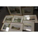 A COLLECTION OF EIGHT SIGNED FRAMED AND GLAZED PRINTS OF LANDSCAPES ETC.