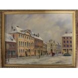 A GILT FRAMED OIL ON BOARD OF A WINTER VILLAGE SCENE SIGNED WILFRID EBBS LOWER LEFT 32CM X 44CM