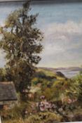 A FRAMED OIL ON BOARD COUNTRY LANDSCAPE ENTITLED ACROSS THE FAL, CORNWALL - SIGNED ELAINE LEWIS -