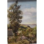 A FRAMED OIL ON BOARD COUNTRY LANDSCAPE ENTITLED ACROSS THE FAL, CORNWALL - SIGNED ELAINE LEWIS -