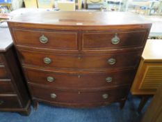 A 19TH CENTURY BOW FRONTED CHEST OF FIVE DRAWERS WITH SATINWOOD INLAID STRINGING W-105 CM