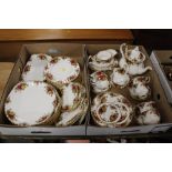 TWO TRAYS OF OLD COUNTRY ROSES CHINA TO INCLUDE A TEAPOT, TRIOS, SIDE PLATES ETC