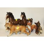 TWO BESWICK CANTERING SHORE HORSE FIGURES TOGETHER WITH THREE OTHER FIGURES TO INCLUDE A BESWICK FOX