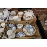 A TRAY OF MINTON SATURN DINNERWARE TOGETHER WITH A TRAY OF BLUE AND WHITE COFFEE WARE ETC