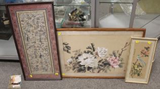 TWO ORIENTAL FRAMED AND GLAZED WATERCOLOURS, TOGETHER WITH A FRAMED AND GLAZED ORIENTAL SILKWORK