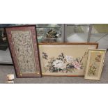 TWO ORIENTAL FRAMED AND GLAZED WATERCOLOURS, TOGETHER WITH A FRAMED AND GLAZED ORIENTAL SILKWORK