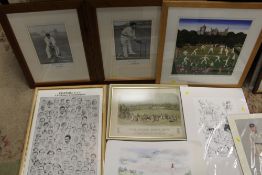 A COLLECTION OF FRAMED AND UNFRAMED CRICKET RELATED PICTURES AND PRINTS TO INCLUDE PASTEL