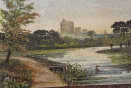 AN UNFRAMED OIL ON PANEL OF A WOODED RIVER LANDSCAPE WITH CASTLE 11CM X 16CM
