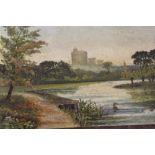 AN UNFRAMED OIL ON PANEL OF A WOODED RIVER LANDSCAPE WITH CASTLE 11CM X 16CM