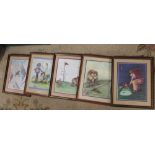 A TRAY OF ASSORTED NOVELTY GOLF & SKIING PRINTS ETC TOGETHER WITH A WALL BRACKET (CRATE NOT