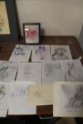 A COLLECTION OF ONE FRAMED AND ELEVEN UNFRAMED PENCIL AND PEN & INK PORTRAIT STUDIES, COPIES OF