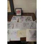 A COLLECTION OF ONE FRAMED AND ELEVEN UNFRAMED PENCIL AND PEN & INK PORTRAIT STUDIES, COPIES OF