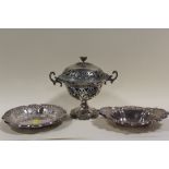 A SILVER PLATED BON BON DISH WITH BLUE GLASS LINER TOGETHER WITH TWO SILVER PLATED DISHES (3)