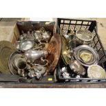 TWO TRAYS OF ASSORTED METALWARE TO INCLUDE SILVER PLATED EXAMPLES, BRASS WEIGHT ETC