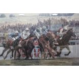 A FRAMED AND GLAZED SIGNED LIMITED EDITION 'THE VODAFONE DERBY' HORSE RACING PRINT BY D M DENT 206 /