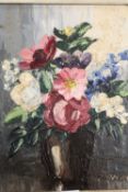 A VINTAGE FRAMED OIL ON BOARD STILL LIFE STUDY OF FLOWERS IN A VASE INITIALLED WN AND SIGNED WENDY