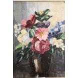 A VINTAGE FRAMED OIL ON BOARD STILL LIFE STUDY OF FLOWERS IN A VASE INITIALLED WN AND SIGNED WENDY