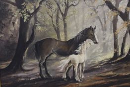 A GILT FRAMED OIL ON CANVAS DEPICTING A HORSE AND FOAL SIGNED JOHN GRAIN LOWER RIGHT 51CM X 61CM