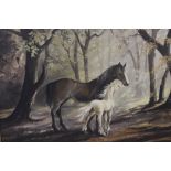 A GILT FRAMED OIL ON CANVAS DEPICTING A HORSE AND FOAL SIGNED JOHN GRAIN LOWER RIGHT 51CM X 61CM