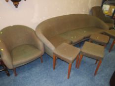 A MID CENTURY TEAK FRAMED THREE PIECE SUITE TOGETHER WITH FOUR RETRO MATCHING UPHOLSTERED STOOLS