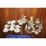 A COLLECTION OF COALPORT MINIATURE TEAWARE TOGETHER WITH A SELECTION OF BIRD FIGURES ETC INCLUDING