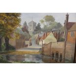 A GILT FRAMED OIL ON CANVAS OF A VILLAGE SCENE SIGNED REGINALD RILEY 26CM X 36CM