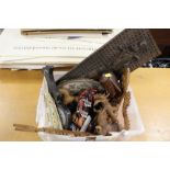 A BOX OF TREEN COLLECTABLES TO INCLUDE A CARVED DRAGON FIGURE, BAROMETER ETC