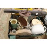 TWO BOXES OF COLLECTABLES AND CERAMICS TO INCLUDE AN UNUSUAL TERRACOTTA FIGURE, VINTAGE SCALES ETC.