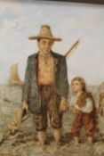 J CAMPBELL - A 19TH CENTURY OIL ON BOARD OF A MAN AND CHILD FISHING IN A COASTAL SCENE 30CM X 22CM