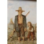 J CAMPBELL - A 19TH CENTURY OIL ON BOARD OF A MAN AND CHILD FISHING IN A COASTAL SCENE 30CM X 22CM