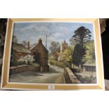 A FRAMED OIL ON BOARD OF A VILLAGE SCENE SIGNED PATRICIA SKIDMORE LOWER LEFT 41CM X 56CM