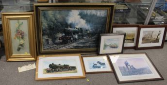 A COLLECTION OF ASSORTED PICTURES AND PRINTS TO INCLUDE RAILWAY INTEREST PRINTS, GILT FRAMED STILL