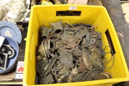 A BOX OF VINTAGE BRASS FURNITURE HANDLES ETC. - AS FOUND