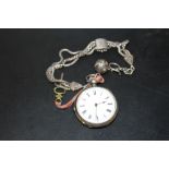 A VICTORIAN SILVER POCKET WATCH AND LADIES ALBERTINA WATCH CHAIN