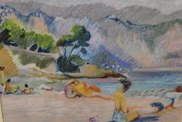 A FRAMED AND GLAZED PASTEL PICTURE OF A BEACH SCENE SIGNED EILEEN HEWSON LOWER RIGHT, 28 X 39 CM