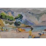 A FRAMED AND GLAZED PASTEL PICTURE OF A BEACH SCENE SIGNED EILEEN HEWSON LOWER RIGHT, 28 X 39 CM