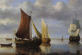 AN UNSIGNED OIL ON CANVAS PAINTING OF SAILING VESSELS AT SEA, 60 X 90 CM