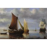 AN UNSIGNED OIL ON CANVAS PAINTING OF SAILING VESSELS AT SEA, 60 X 90 CM