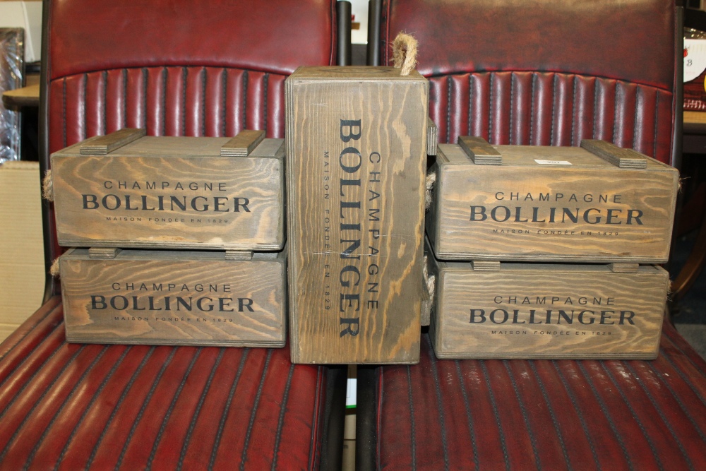 FIVE GRADUATED CHAMPAGNE BOLLINGER WOODEN BOXES