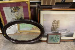 A QUANTITY OF ASSORTED PRINTS TO INCLUDE CAVALRY PRINTS, TOGETHER WITH AN OVAL WALL MIRROR