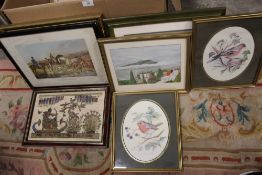 A BOX OF ASSORTED PICTURES AND PRINTS TO INCLUDE WATERCOLOURS ETC