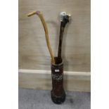 A BAMBOO AND MOTHER OF PEARL STICK STAND AND CONTENTS - H 62.5