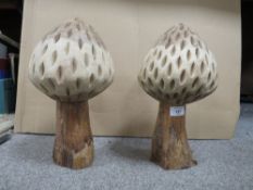 TWO DECORATIVE GARDEN MUSHROOM ORNAMENTS