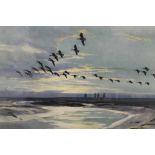 A FRAMED AND GLAZED SIGNED PETER SCOTT PRINT OF GEESE IN FLIGHT