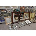 A COLLECTION OF ASSORTED MIRRORS TO INCLUDE A RETRO TEAK FRAMED EXAMPLE TOGETHER WITH THREE PRINTS