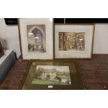 THREE FRAMED AND GLAZED WATERCOLOURS CONSISTING OF TWO INTERIOR SCENES AND A WATERCOLOUR OF A