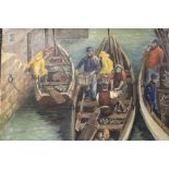 AN UNFRAMED OIL ON CANVAS LAID ON BOARD OF FISHERMEN BRINGING IN THE CATCH SIGNED E.K. HARFLEET