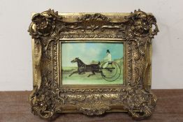 A GILT FRAMED PORCELAIN PLAQUE OF A TROTTING SCENE - STAMPED VIENNA TO REVERSE